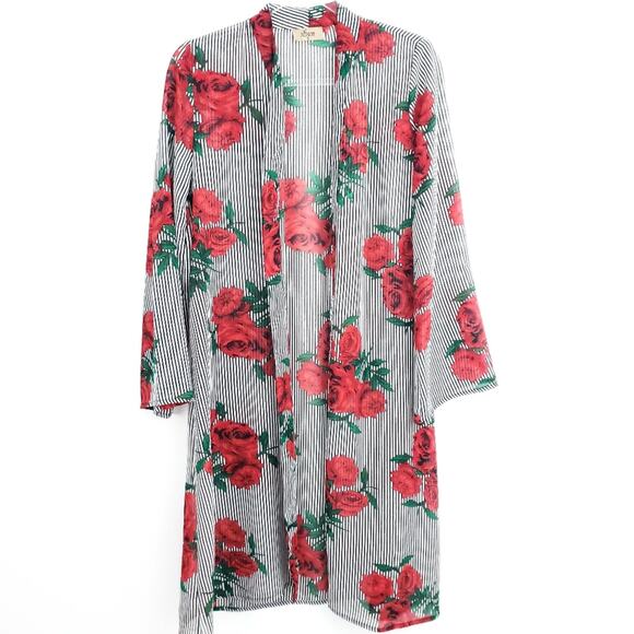 Jorja Floral Long Kimono Red Roses Black Stripes Small Excellent Condition - Picture 6 of 7